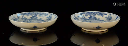 Pair Japanese Hirado Blue White Porcelain Dish with Boy Scene