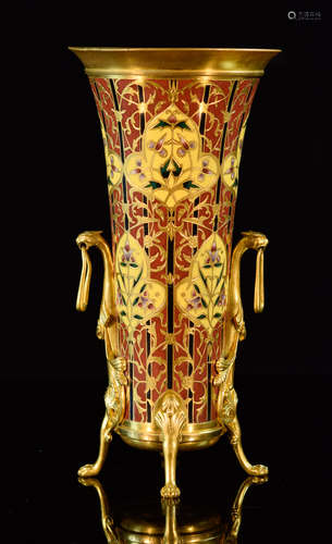 French Cloisonne Champleve Vase Signed Barbedienne