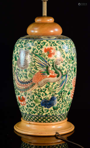 Chinese Porcelain Lamp with Wucai Pheonix Scene