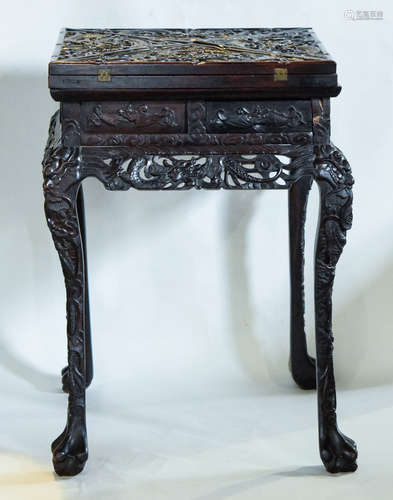 Chinese Carved Rosewood Table with Flip Out Leaf