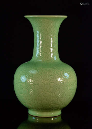 Chinese Celadon Porcelain Vase with Carved Floral Decoration