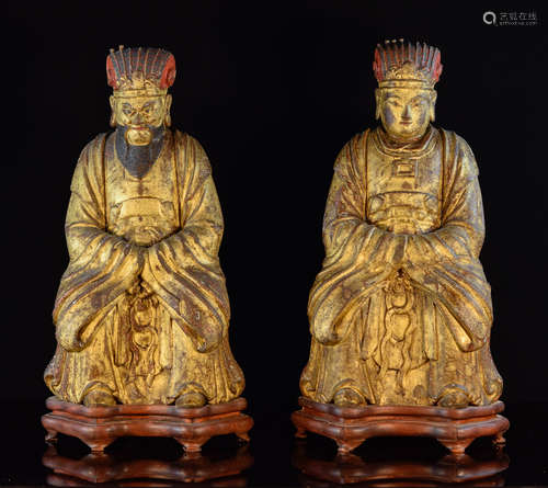 Pair Chinese Lacquered Wpod Daoist Figurine