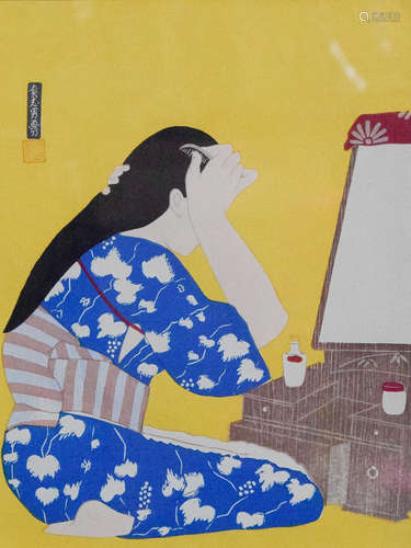 Japanese Woodblock Print - Geisha looking at Mirror