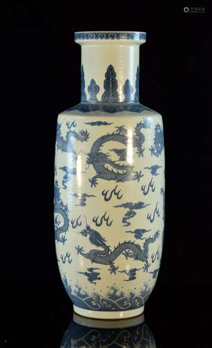 Large Chinese Blue White Porcelain Rouleat Vase with Dragon Motif