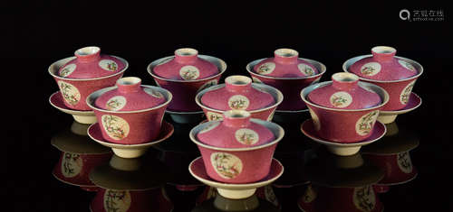 Set of Eight Chinese Pink Porcelain Tea Cups