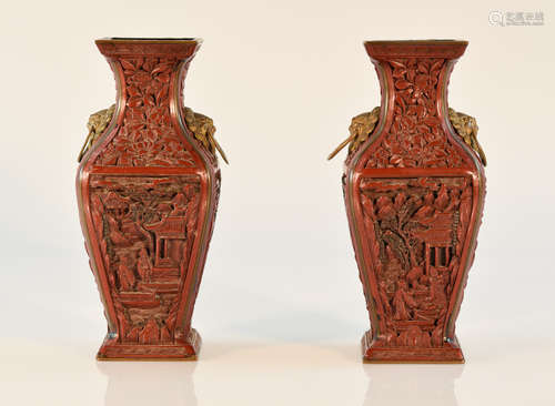 Chinese Cinnebar Lacquer Vases with Cheulung Mark