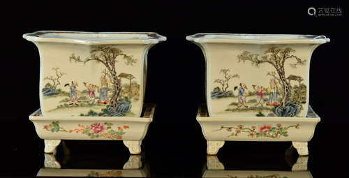 Pair Chinese Square Porcelain Planter with Underplate