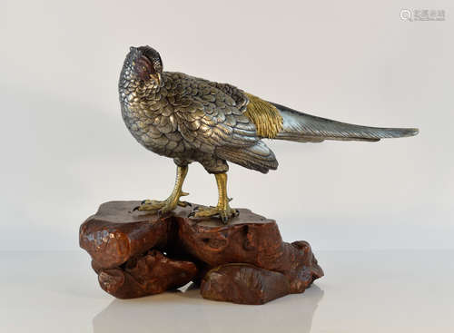 Japanese Mixed Metal Pheasant with Burl Wood Base