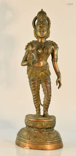 Indian Bronze Standing Buddha with Lotus Stalk