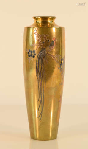 Japanese Mixed Metal Bronze Vase - Rooster Scene