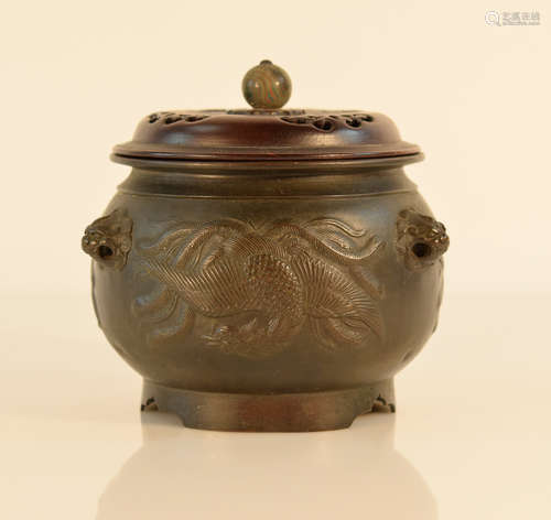 Chinese Bronze Covered Censer with Wood Cover