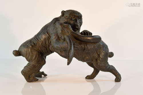 Japanese Bronze Monkey Fight Rabbit