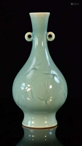 Japanese Celadon Studio Porcelain Vase with Incised Crane