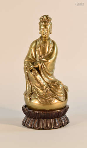 Chinese Bronze Kuanyin on Wood Base