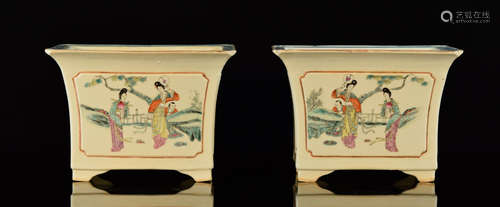 Pair Chinese Porcelain Planter Pot - Rectangular with Poem