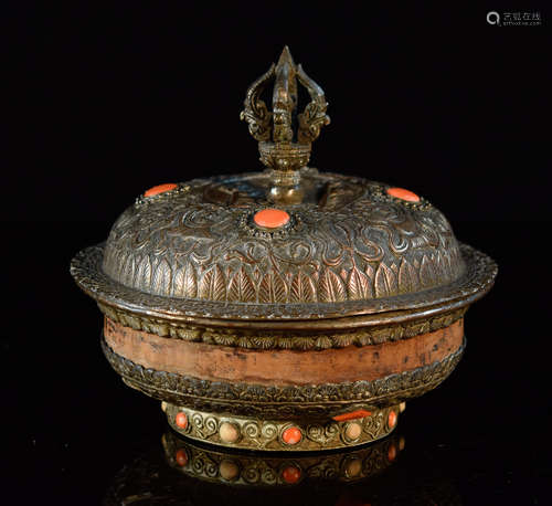 Tibetan Mongolian Ceremonial Covered Bowl with Coral Inlay