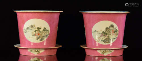 Pair Chinese Pink Porcelain Planter with Underplate