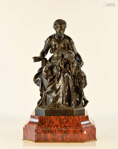 19th cen French Bronze Figural Group with Marble Base