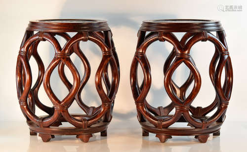 Pair Chinese Hardwood Stool with Porcelain Tile