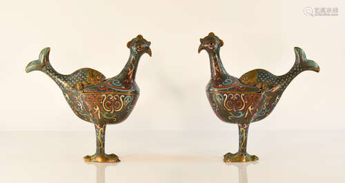 Pair Chinese Cloisonne Bird with Stylized fish tail