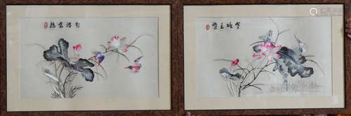 Pair Chinese Embroidery Panel - Lotus and Kingfisher