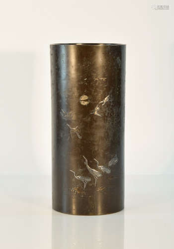 Japanese Mixed Metal Cylindrcal Vase - Crane Scene