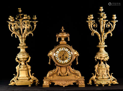 Large Set of French Gilt Bronze Clock