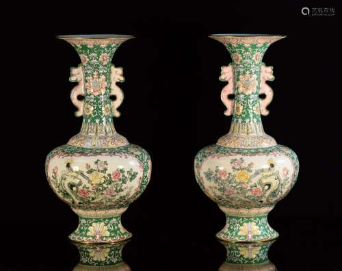 Pair Chinese Canton Enamle Vases