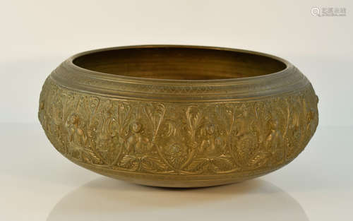 Large Indian Bronze Bowl with Buddha Scene