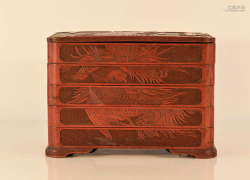 Chinese Cinnebar Carving Stacked Box with Phoenix Scene