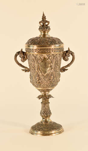 Thai Silver Trophy Vase with Buddhist Motif