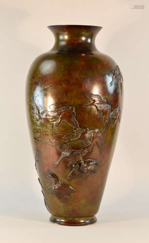 Japanese Bronze Vase with Goose and Moon Scene