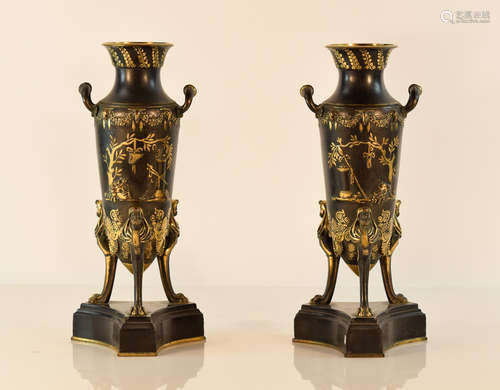 Pair Neo Classical Bronze Vase signed F. Barbeidienne