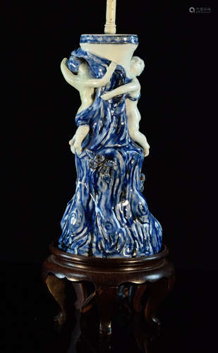 Chinese 18th cen blue white porcelain figural lamp