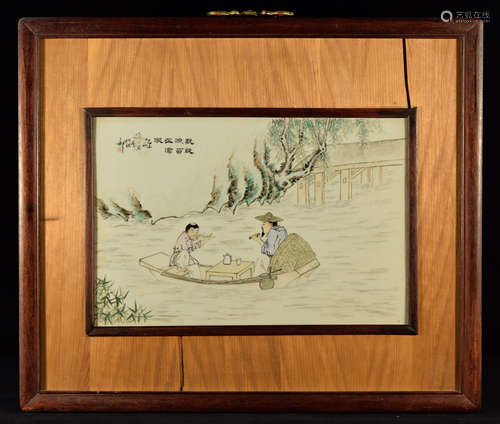 Chinese Porcelain Tile Plaque in Wood Frame - Scholar Boating Scene