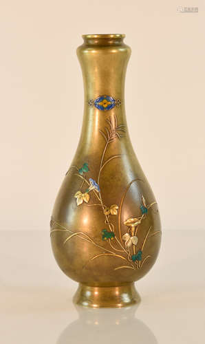 Japanese Mixed Metal Bronze Vase with Enamle