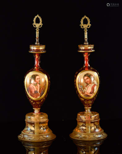 Pair Moser Glass Vases with Painted Figural Scene