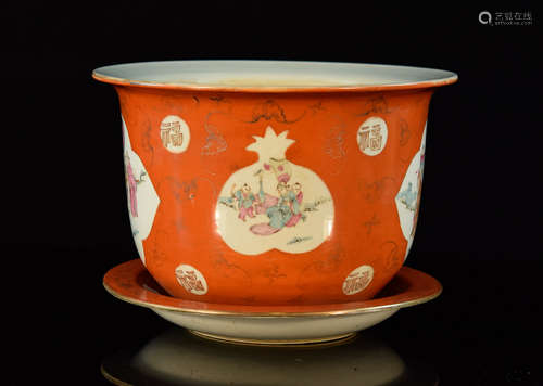 Chinese Porcelain Planter with Coral Red Color