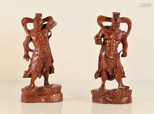 Pair Chinese Carved Wood Warrior