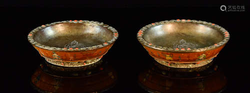 Pair Tibetan Mongolian Ceremonial Bowls with Coral Inlay