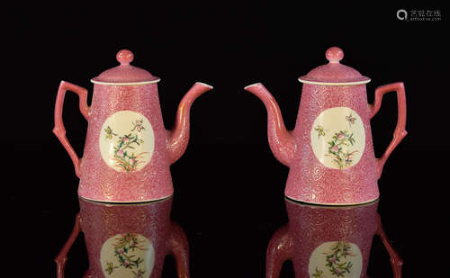 Two Chinese Pink Enamled Porcelain Teapot