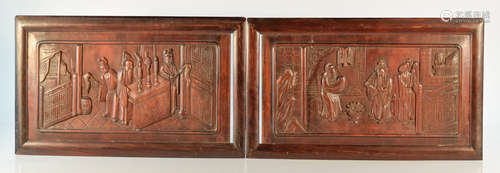 Pair Chinese Rosewood Panel with Figurine Scene