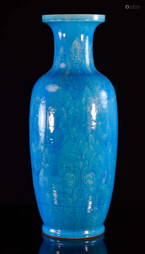 Chinese Blue Glazed Porcelain Blauster Vase with Incised Floral Scene