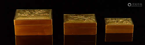 Group of Three Chinese Fo Zhou Lacquer Box with Floral Scene