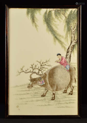 Chinese Republic Porcelain Tile - Boy Riding Ox Scene