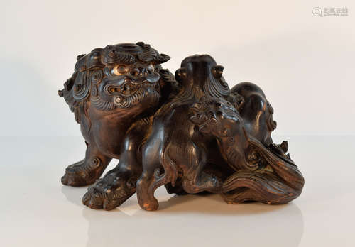 Japanese Carved Wood Foolion Group