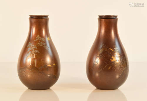 Pair Japanese Mixed Metal Bronze Vases