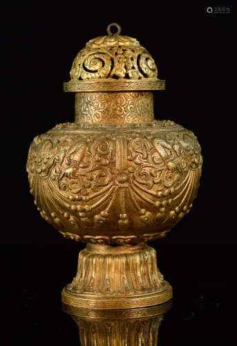 Tibetan Gilt Copper Vase for Ceremonial Occasion