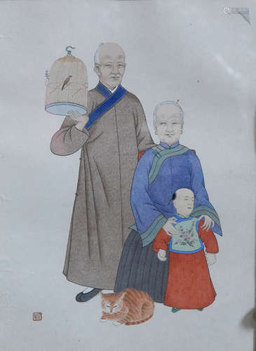 Chinese Water Color of Familly - Scholar with Bird Cage