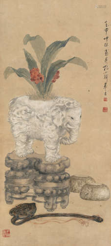 孔小瑜 壬申（1932）年作 清供 立轴 设色纸本